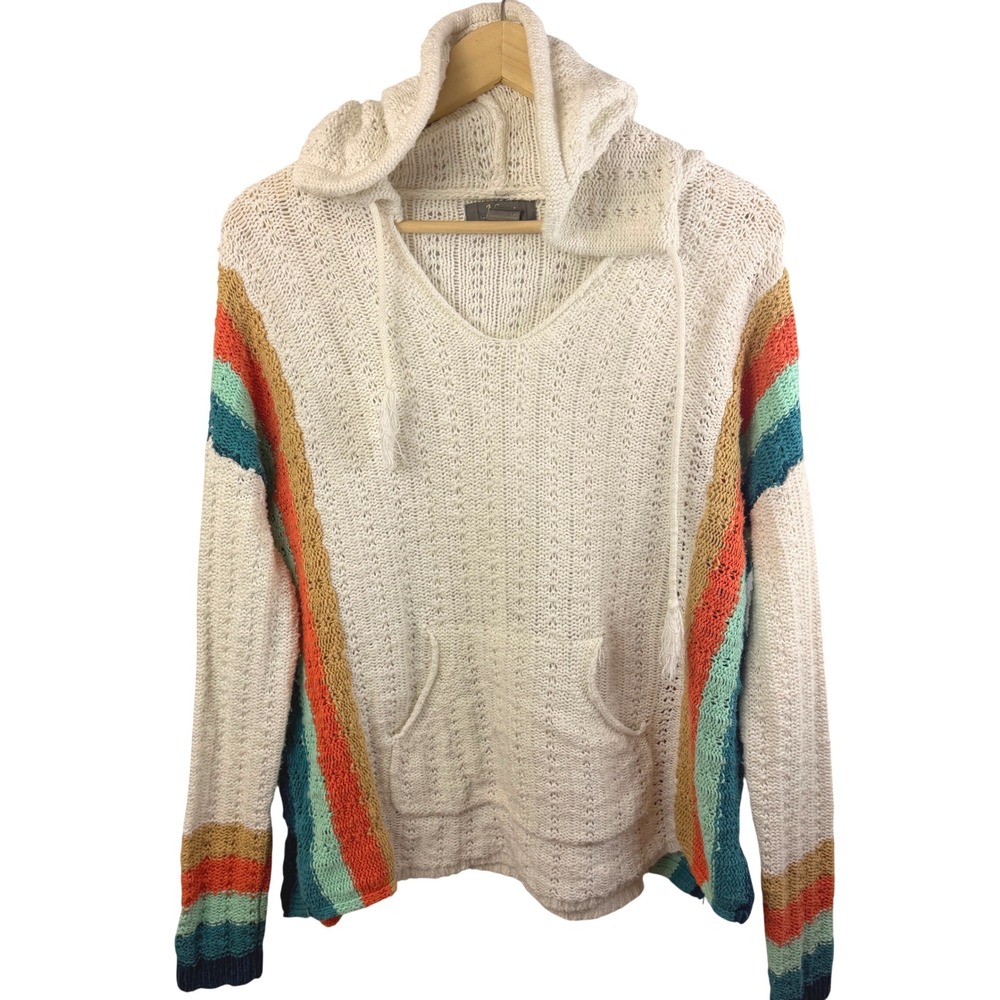 Natural Reflections Womens M Knit Hoodie Sweater Striped Boho Coastal Pullover